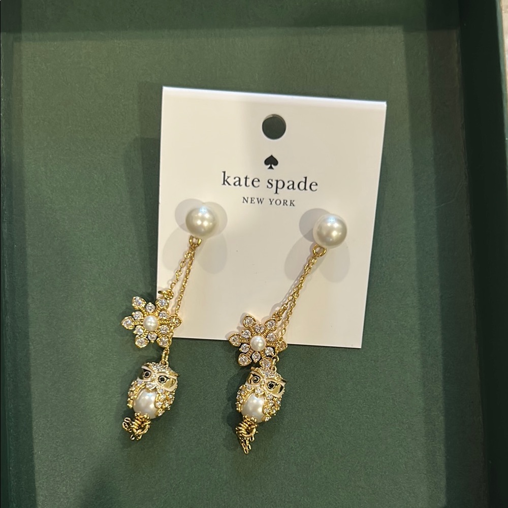 Kate Spade Gold and Pearl Owl Earrings